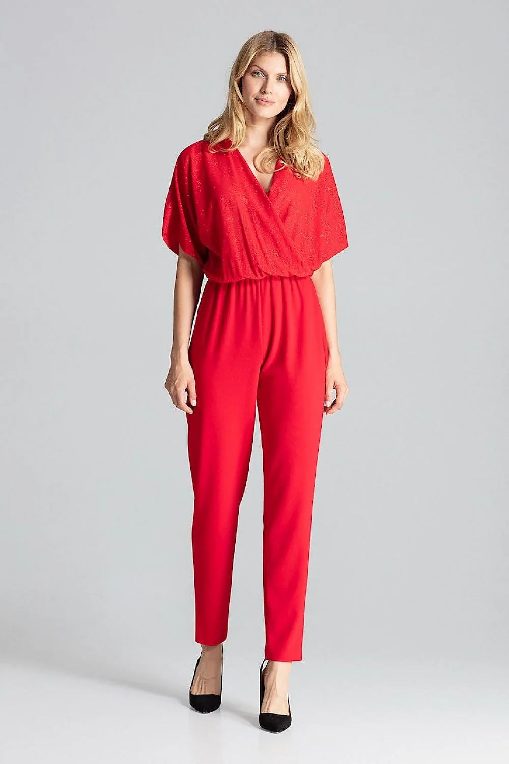 combinaison femme rouge vif cachecoeur manches kimono courtes taille elastique coupe fuselée longue fluide extensible élégante