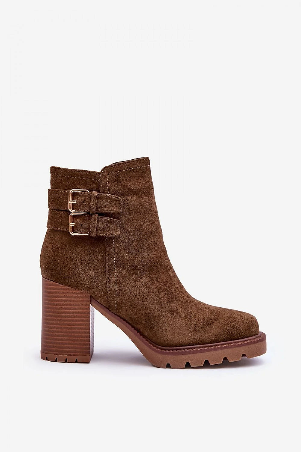 bottes talon haut bloc crantée antidérapante suède marron écologique durable confortable doublure isolante fermeture éclair latérale boucle dorée