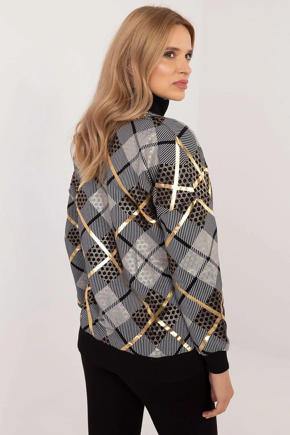 Sweatshirt femme moderne style sophistiqué motif carreaux couleurs doré noir gris longues manches col montant Amour Paris