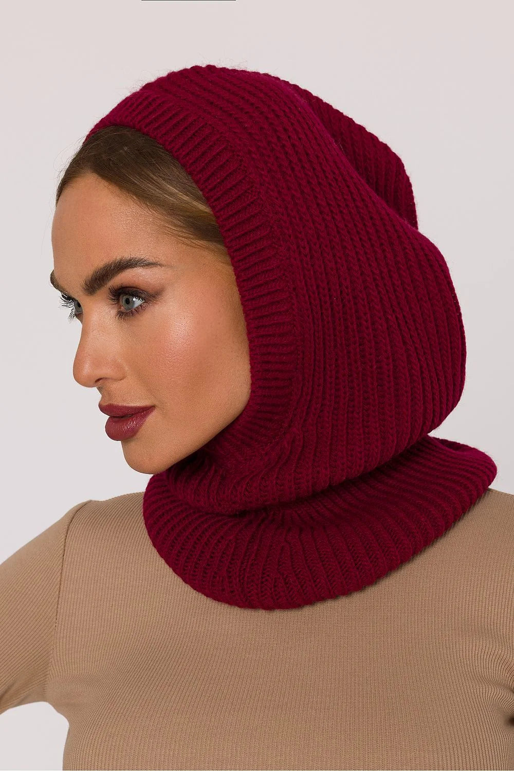 balaklava cagoule snood capuche bordeaux maille côtelée épaisse tube stretch douillet chaud col ajusté bordures élastiques acrylique nylon