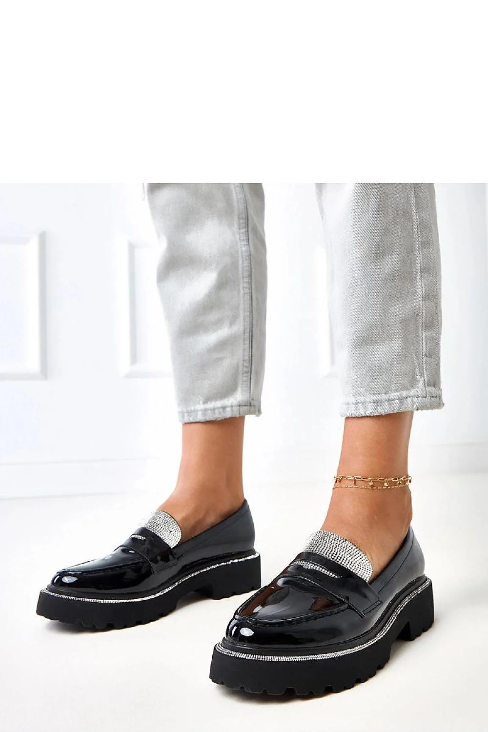 mocassins femme vernis noir simili cuir slipon bout rond zircons brillants semelle crantee epaisse caoutchouc talonstable