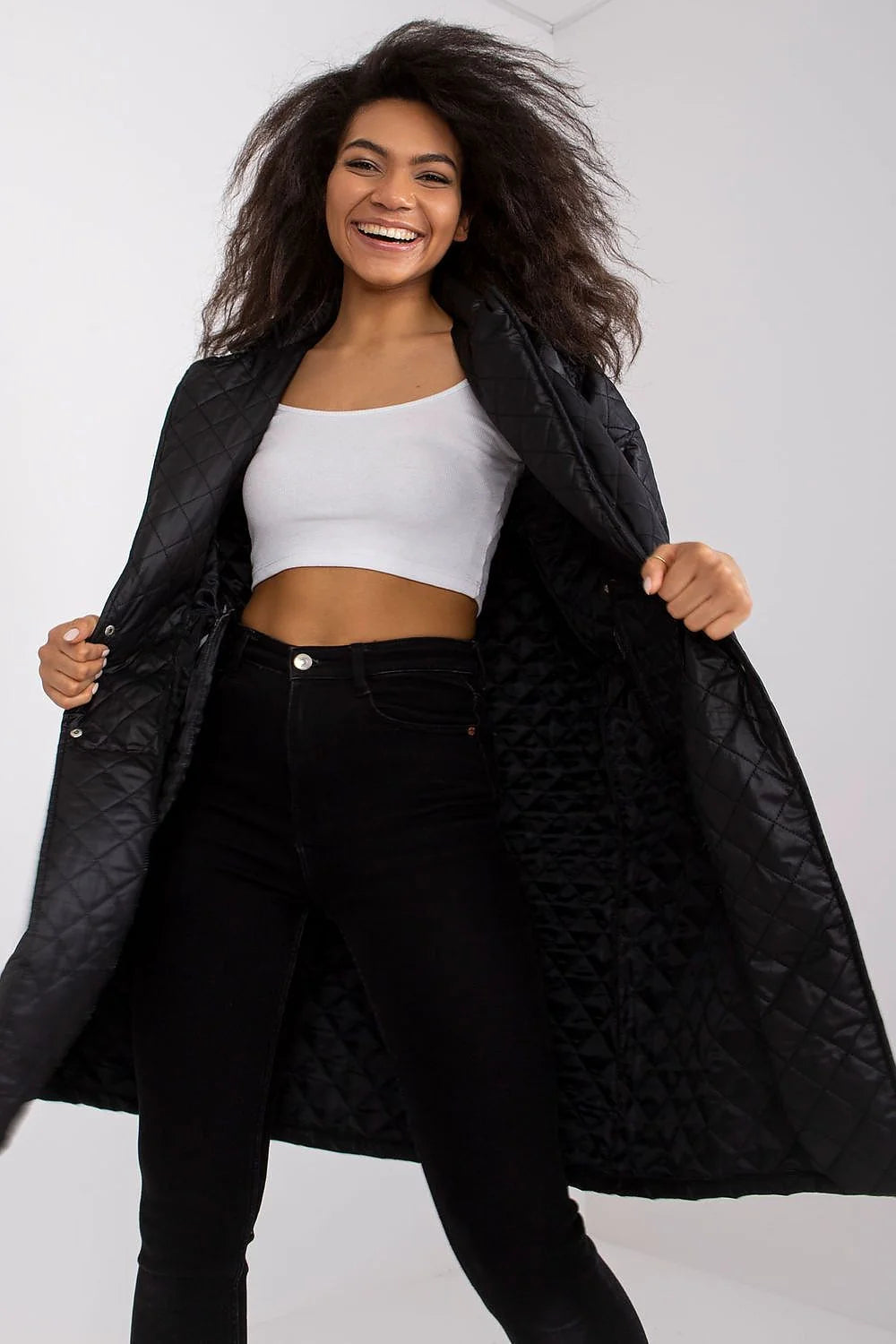 Manteau pour femme style moderne élégant matelassé long manches longues couleur noire polyester 100% S M