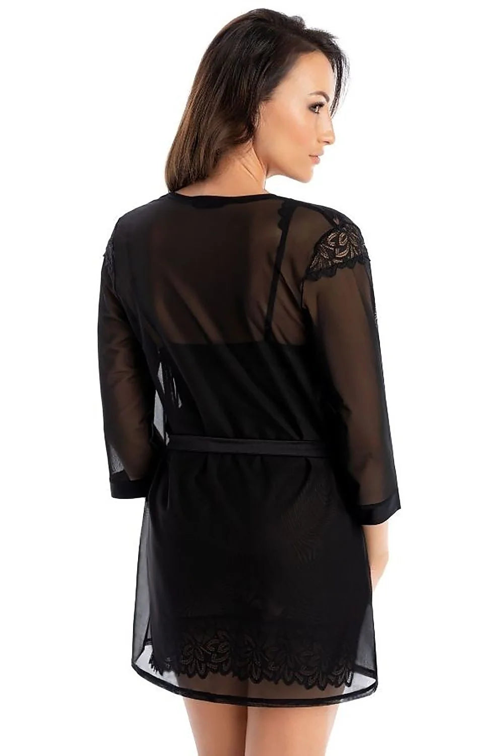 Robe de chambre noire en dentelle élégante pour femmes, style sensuel, coupe ample, manches trois-quarts, motifs floraux, ceinture assortie, matière confortable, idéale pour la maison ou les occasions spéciales