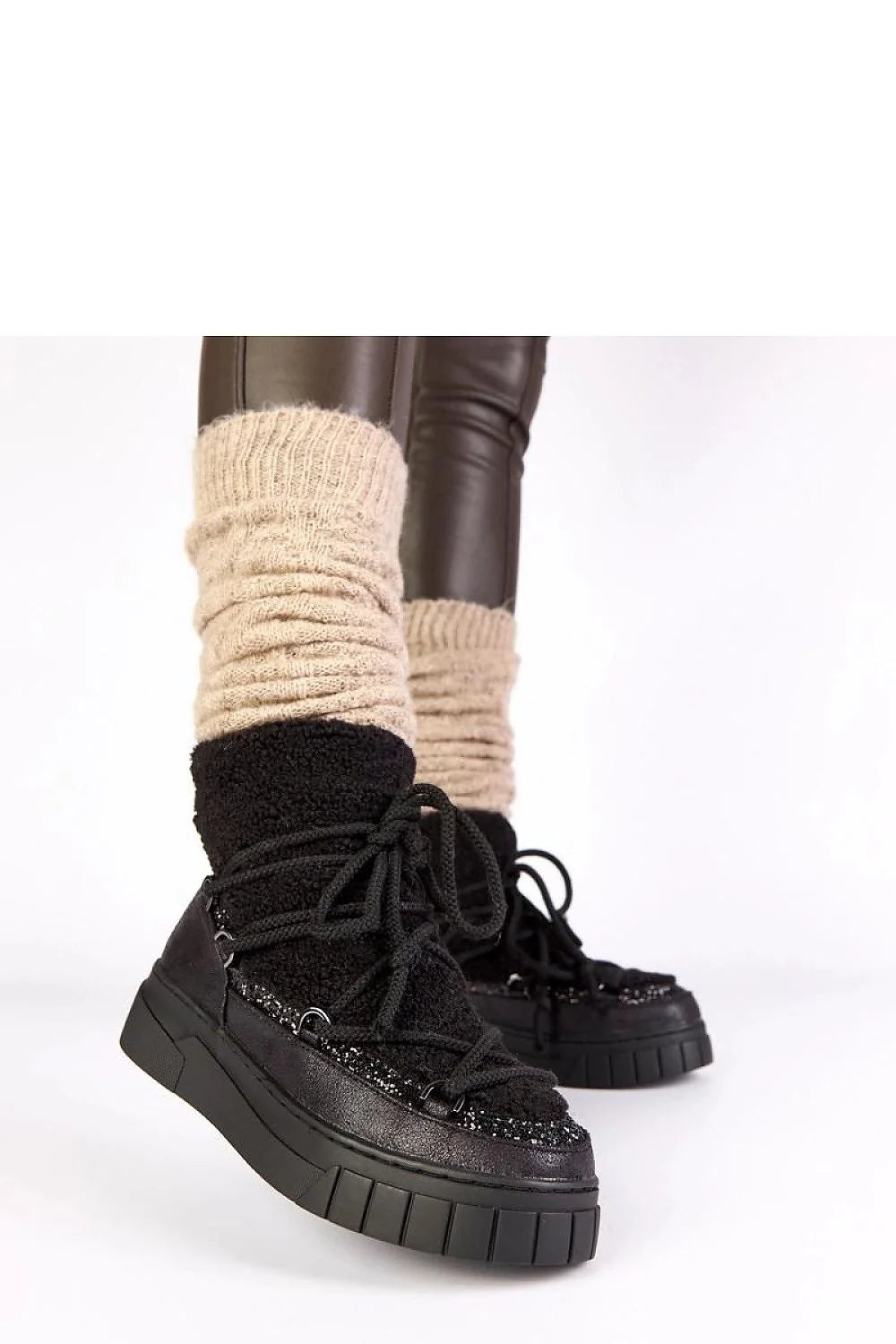 bottes neige noires doublées fourrure paillettes Esmee Gemre femme montantes sherpa simili cuir laçage cordons semelle plateforme crantée