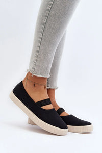 Ballerines modernes pour femmes en toile noire semelle beige chaîne croix confortable style casual
