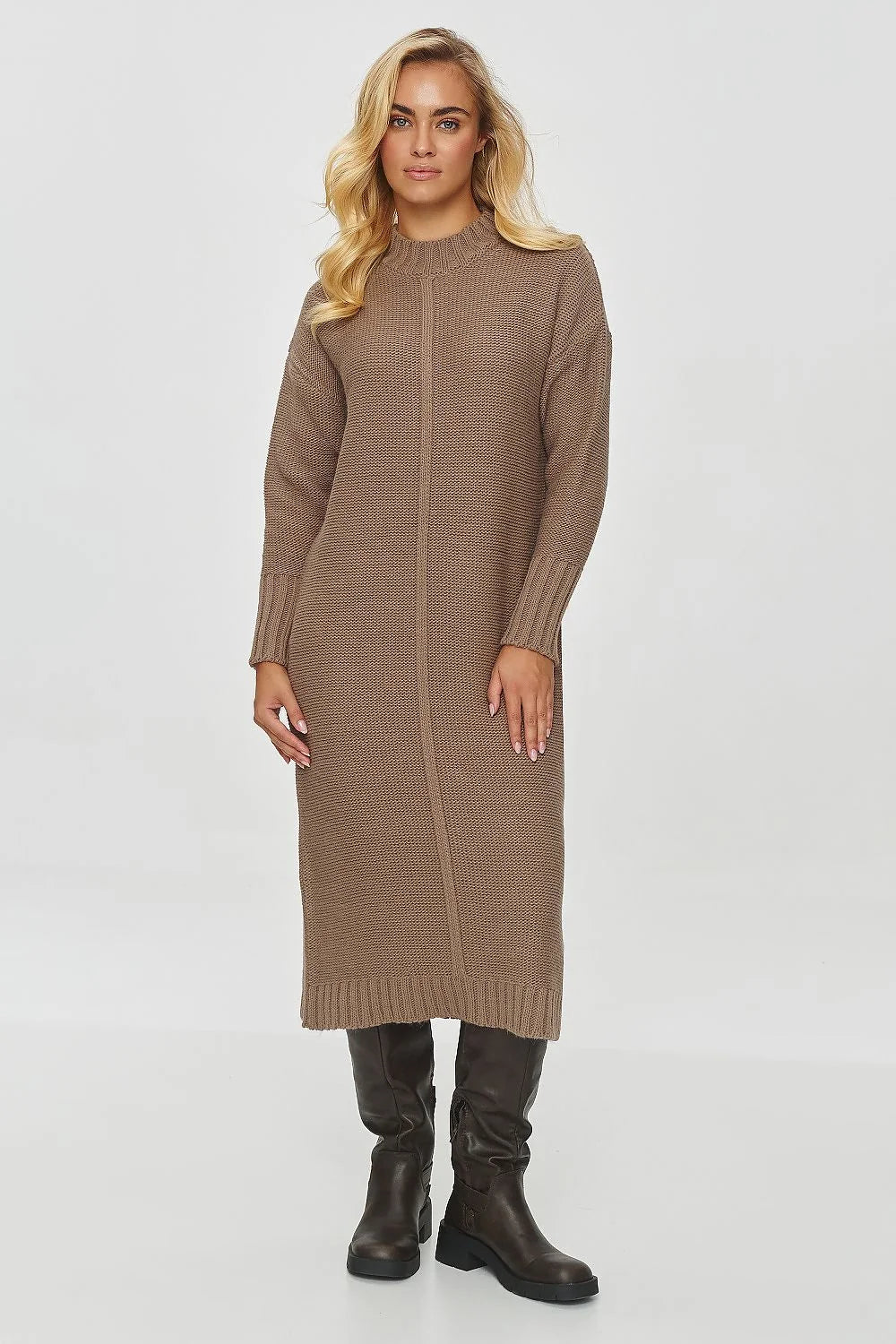 Robe de jour Makadamia longue maille manches longues col montant côtelé couleur taupe femme