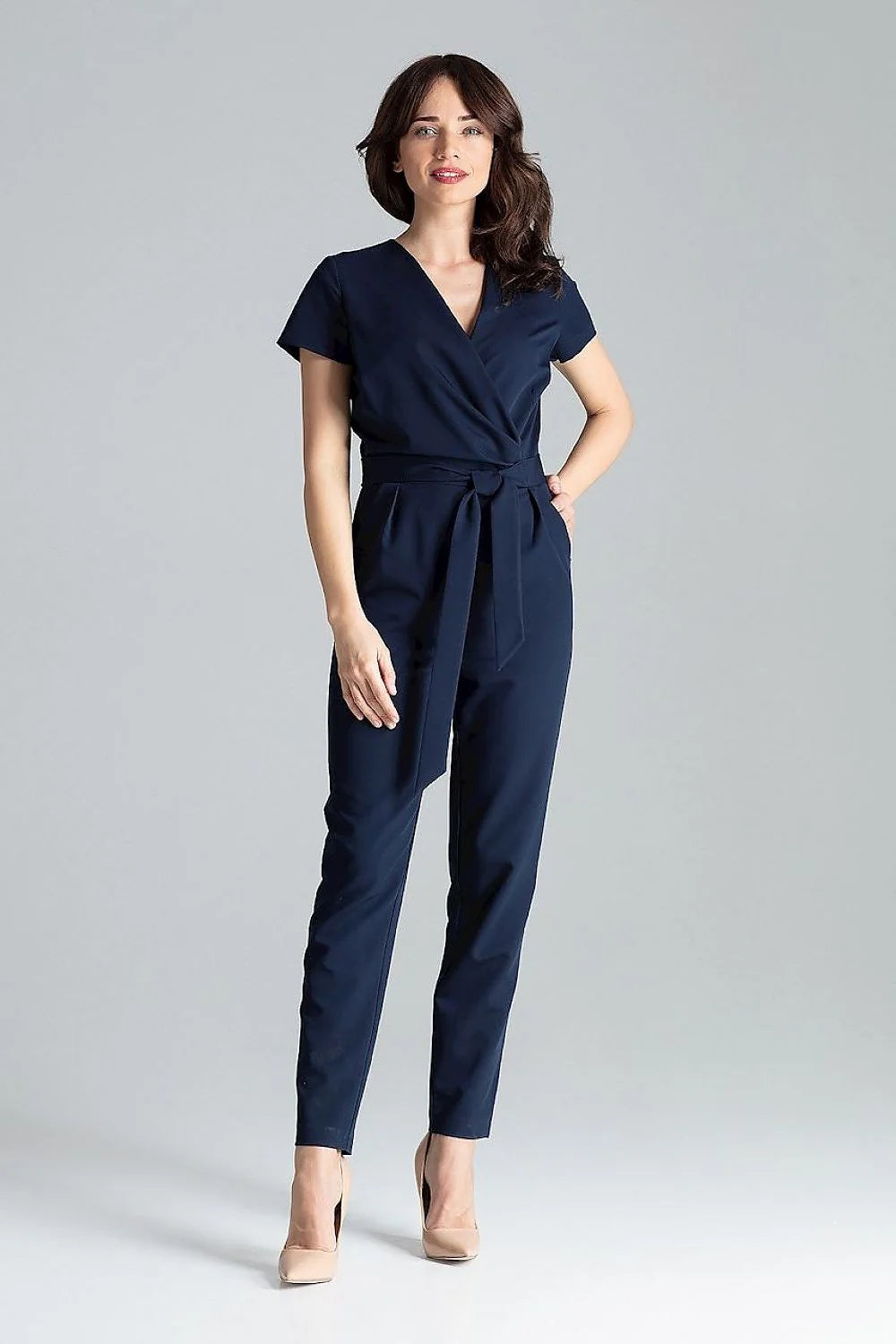Combinaison Lenitif élégante pour femme design moderne cache-cœur manches courtes ceinture intégrée vert profond polyester viscose taille ajustable