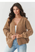 cardigan femme court oversize ouvert maille duveteuse camel brossée encolure V manches ballon bords côtelés coupe loose hanches
