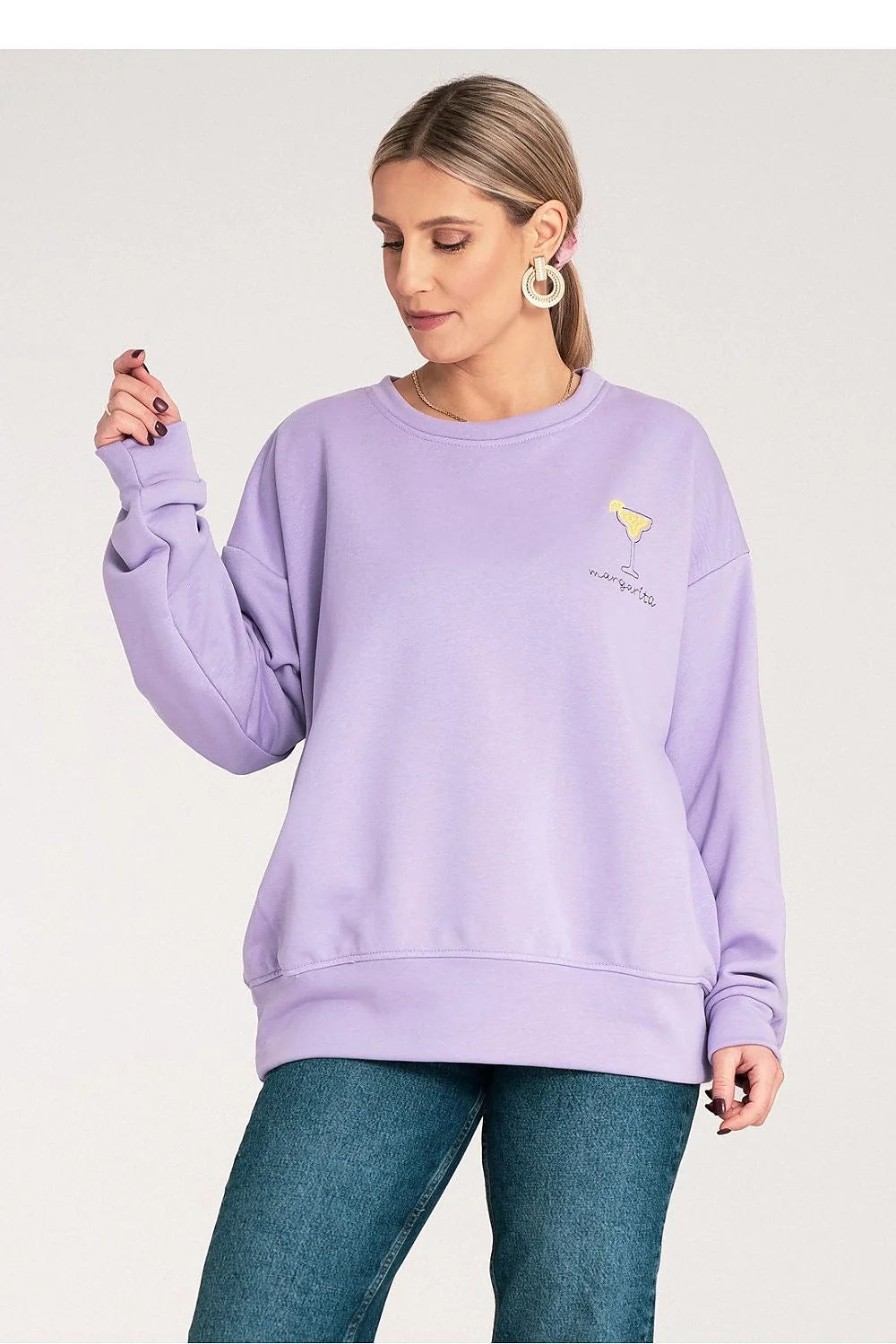 Sweatshirt femme décontracté broderie margarita couleur pastel lavande manches longues coupe ample