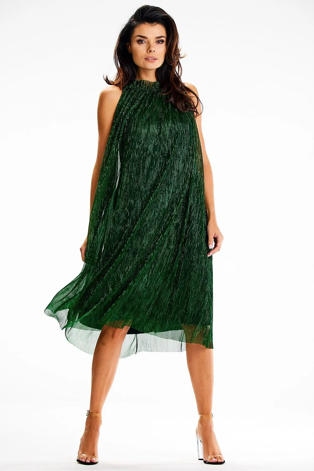 robe soirée midi plissée vert émeraude sans manches col montant trapèze fluide métallisé doublure satin ceinture satinée asymétrique