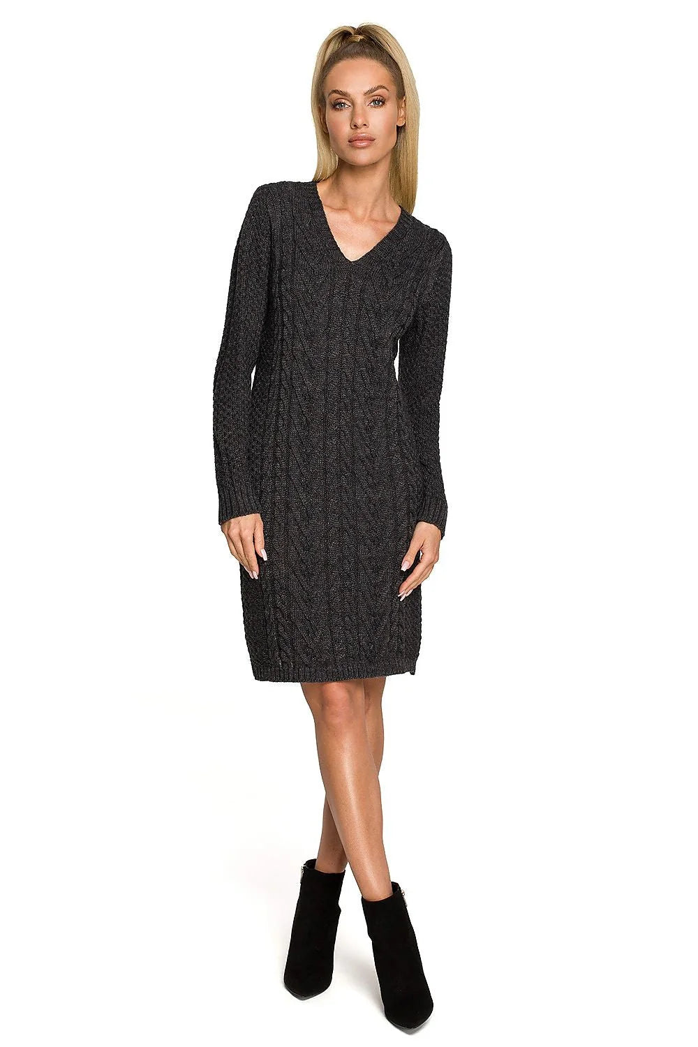 Robe maille tricotée motif torsade bleu vif chic casual femme manches longues coupe droite genoux taille S XL