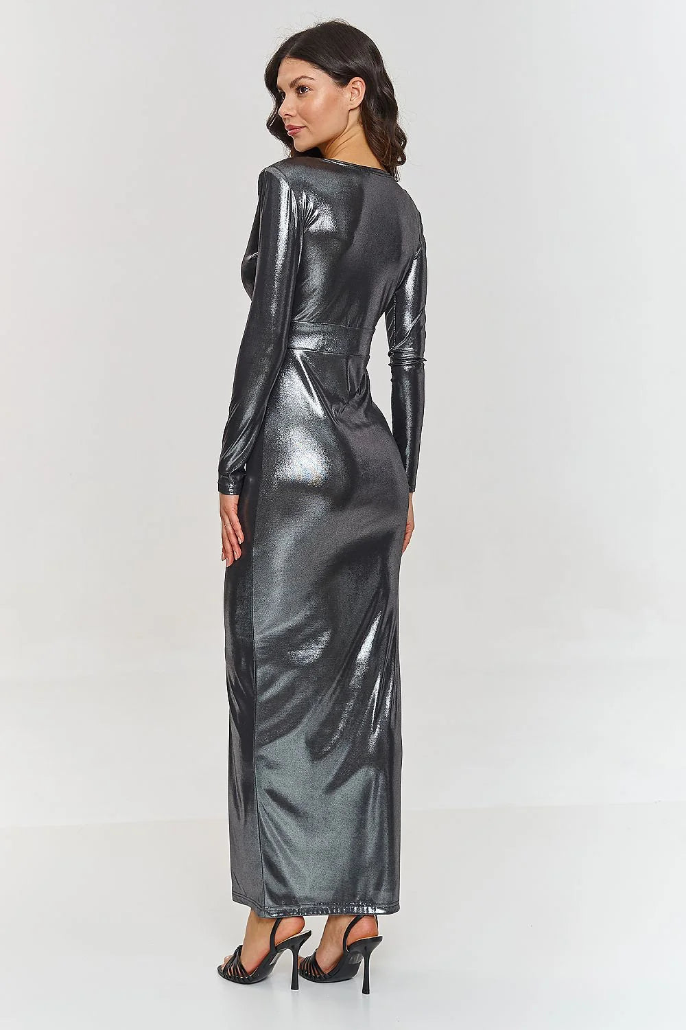 Robe longue Makadamia en tissu métallique, style élégant, décolleté en V, manches longues, fente audacieuse, soirée et événements