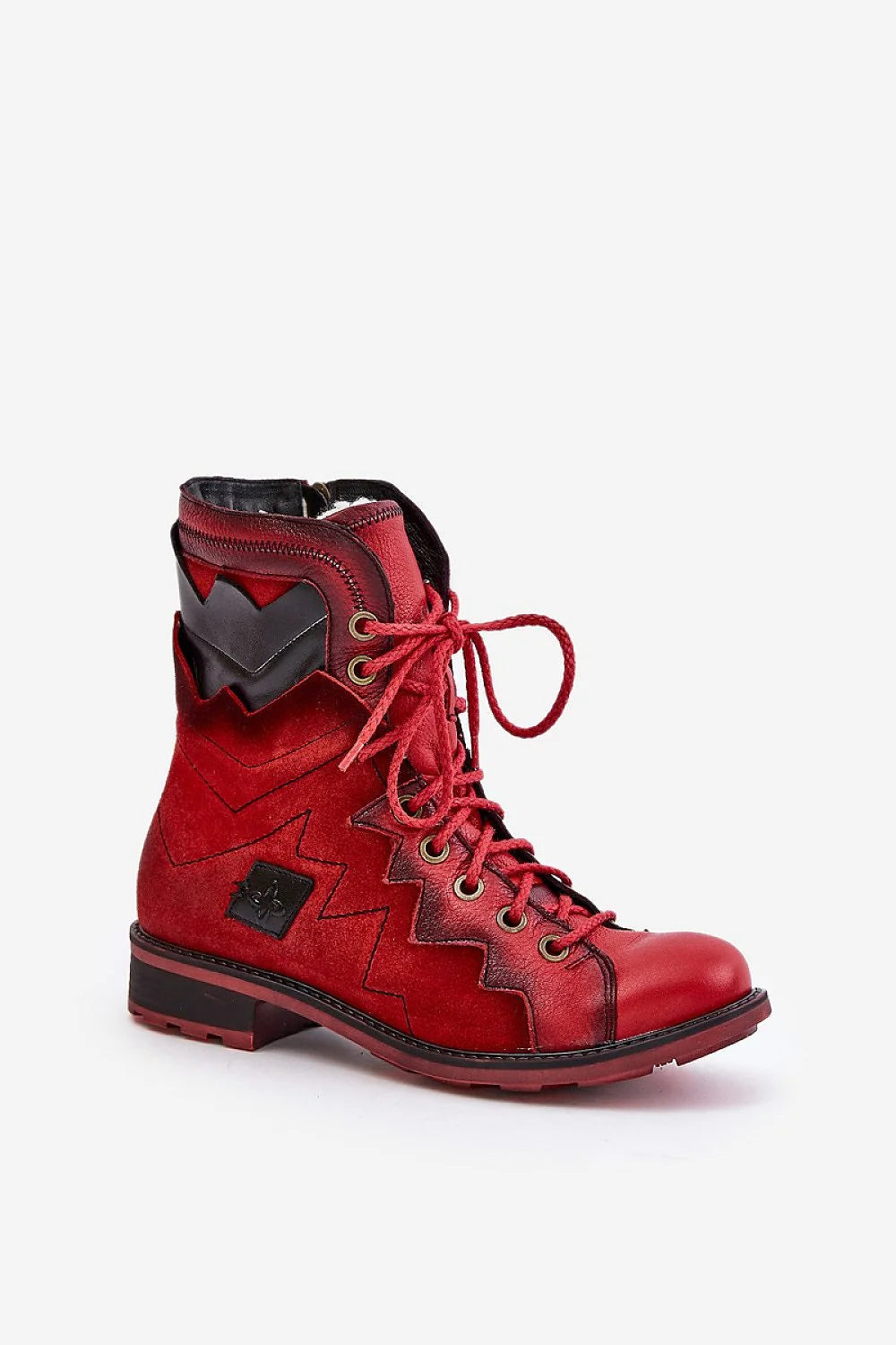 Bottes pour femmes en cuir naturel style punk-rock talon plat fermeture éclair rouge vif