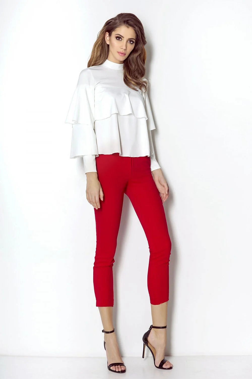 Chemisier noir en polyester moderne chic volants manches longues col montant automne tendance femme élégante
