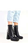 bottines femme noir cuir écologique bout rond tige cheville talon poteau haut 10cm plateforme 2cm lacets zircons arrière