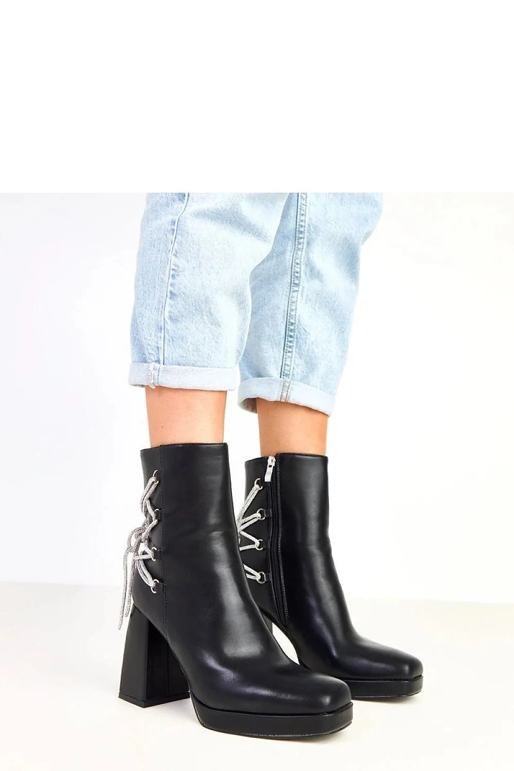 bottines femme noir cuir écologique bout rond tige cheville talon poteau haut 10cm plateforme 2cm lacets zircons arrière