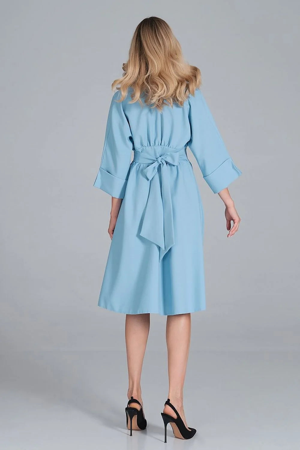 Robe midi polyester élégante rose vive manches trois-quarts boutons col V femme mode chic
