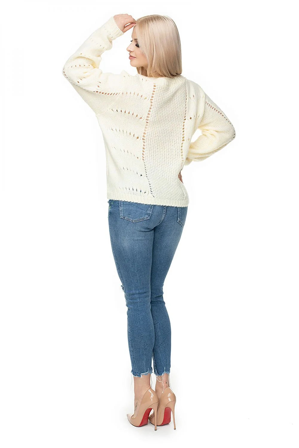 Pullover Femme Moderne Relaxé Manches Longues Vert Clair Fit Oversize Maille Épaisse Détails Ajourés Wool Blend Automne Hiver