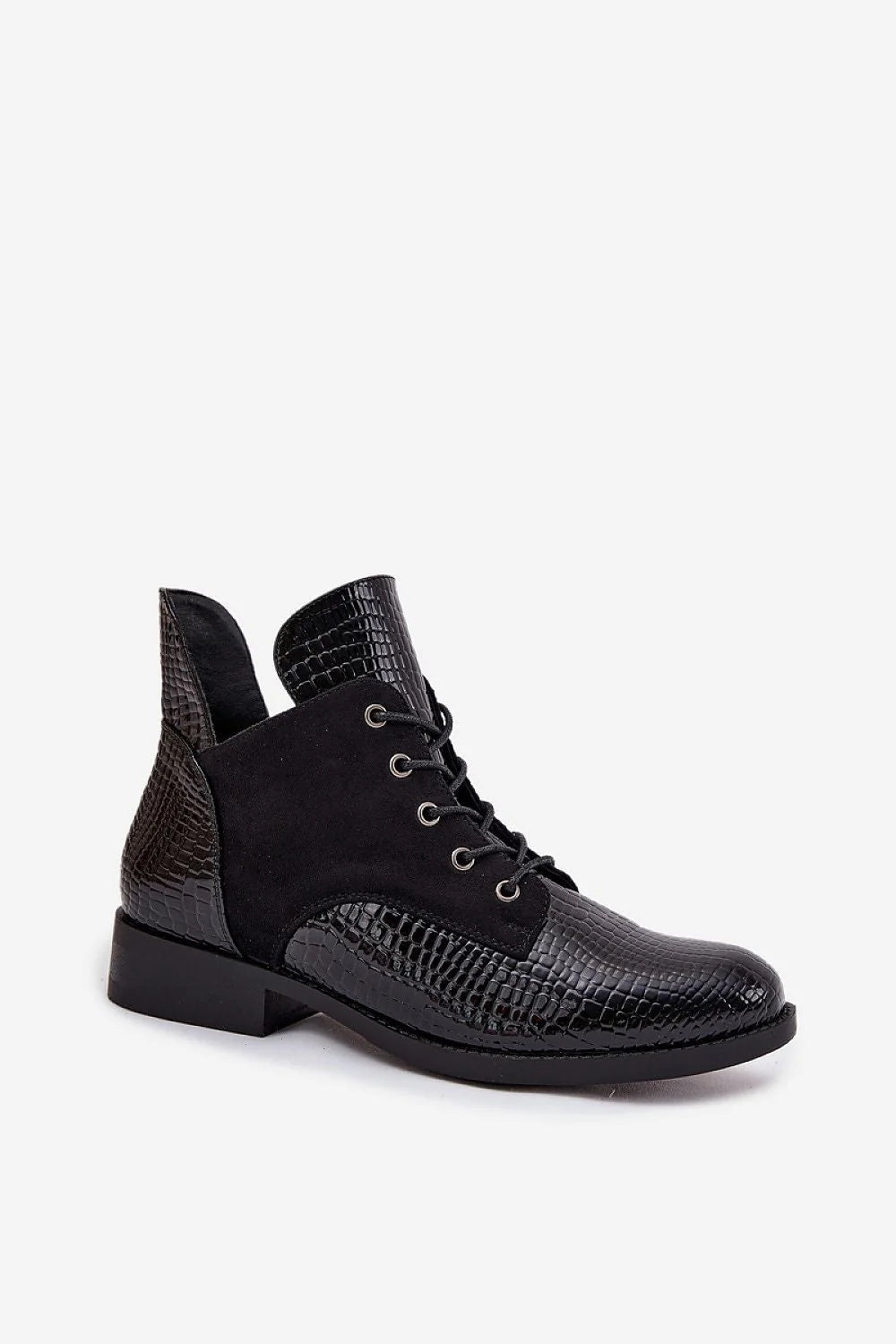 bottines femme cuir écologique noir effet croco verni suède lacets fermeture éclair œillets métalliques talon bloc confortables isolantes