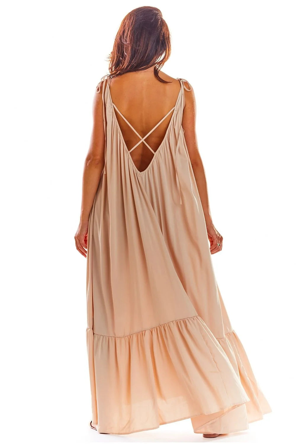 Robe longue AWAMA été 2023 coupe ample décolleté dos volant bas coloris rouge vif femmes viscose élasthanne