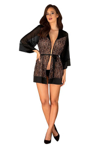 peignoir sexy féminin imprimé léopard brun noir transparent manches larges satin ceinture taille ajustable court kimono lingerie décolleté plongeant mini