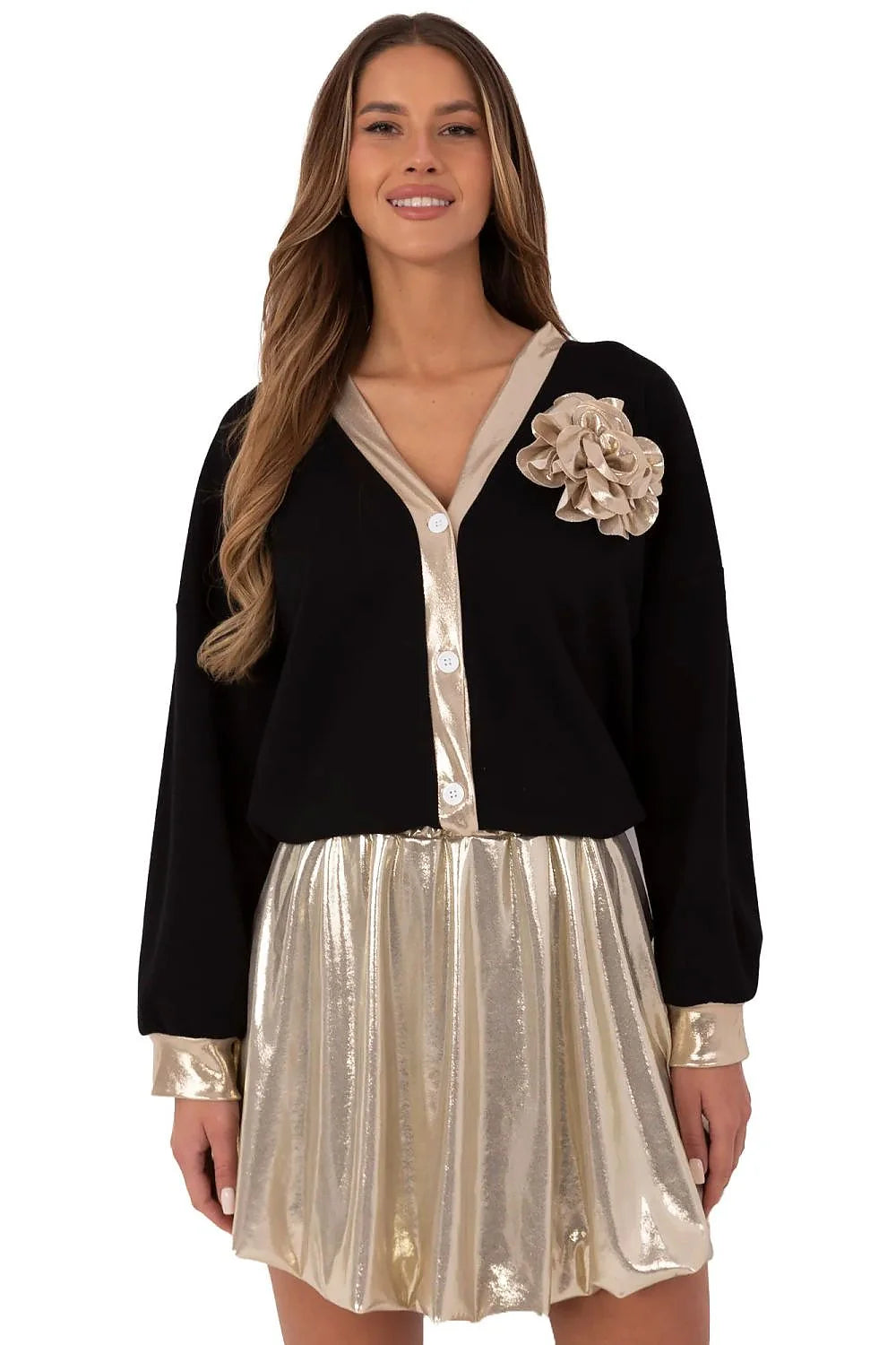 Robe moderne élégante pour femmes couleur noire et dorée en polyester manches longues encolure V fleur dorée jupe plissée occasion spéciale