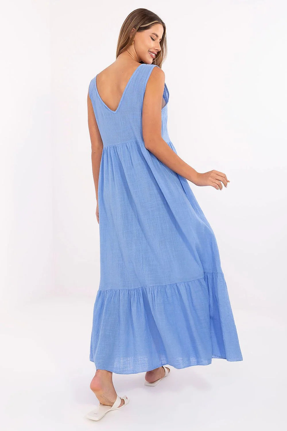 Robe de jour Och Bella longue sans manches décolleté en V coton bleu clair taille empire femme été
