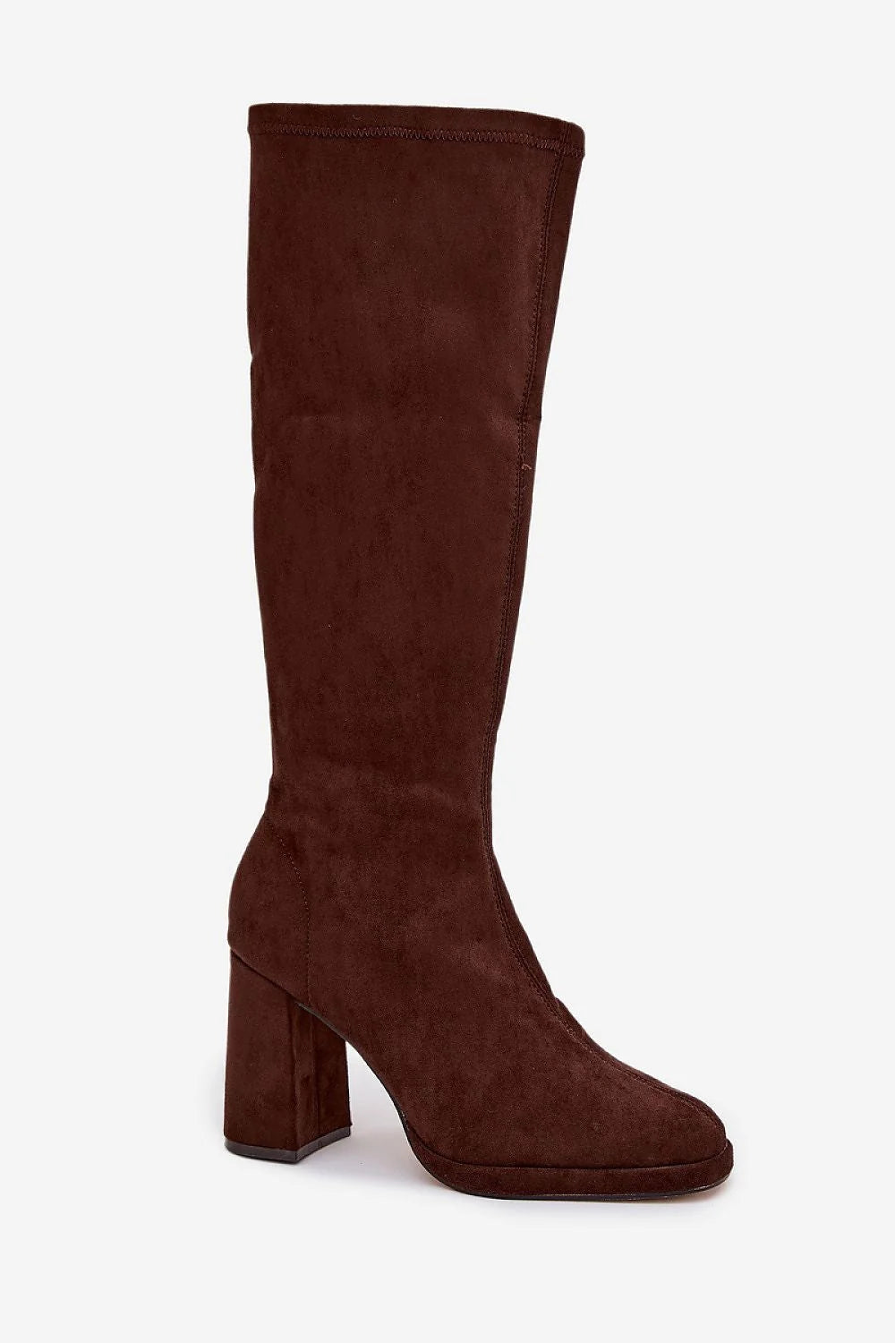 bottes femme suédine douce chocolat tige genou ajustée bout arrondi amande talon bloc stable confortable fermeture éclair semelle plateforme