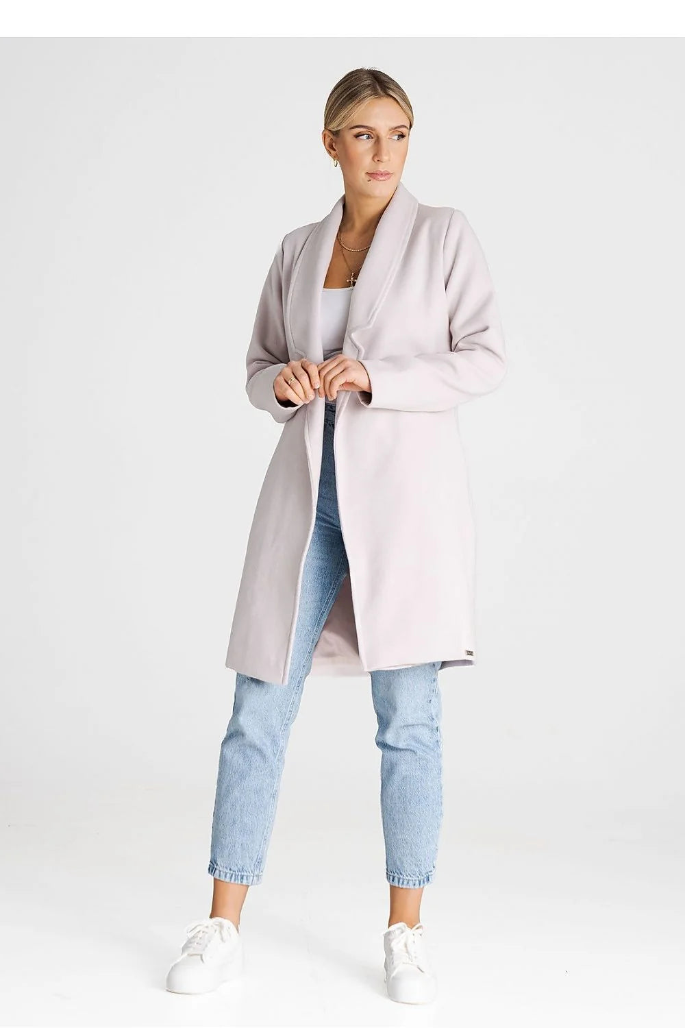 Manteau moderne pour femme en polyester et viscose, style minimaliste, col châle, port sans ceinture ou avec, tailles XS à L, couleur lilas pâle, manches longues, poches latérales discrètes, finitions de qualité