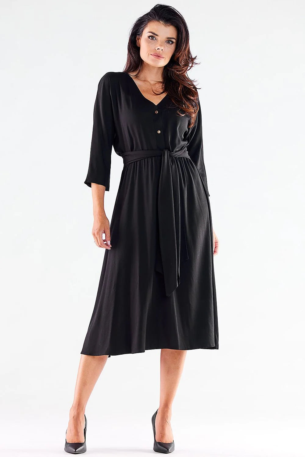 Robe femme élégante intemporelle midi manches 3/4 encolure V ceinture assortie couleur rouge vif matériau doux légèrement satiné