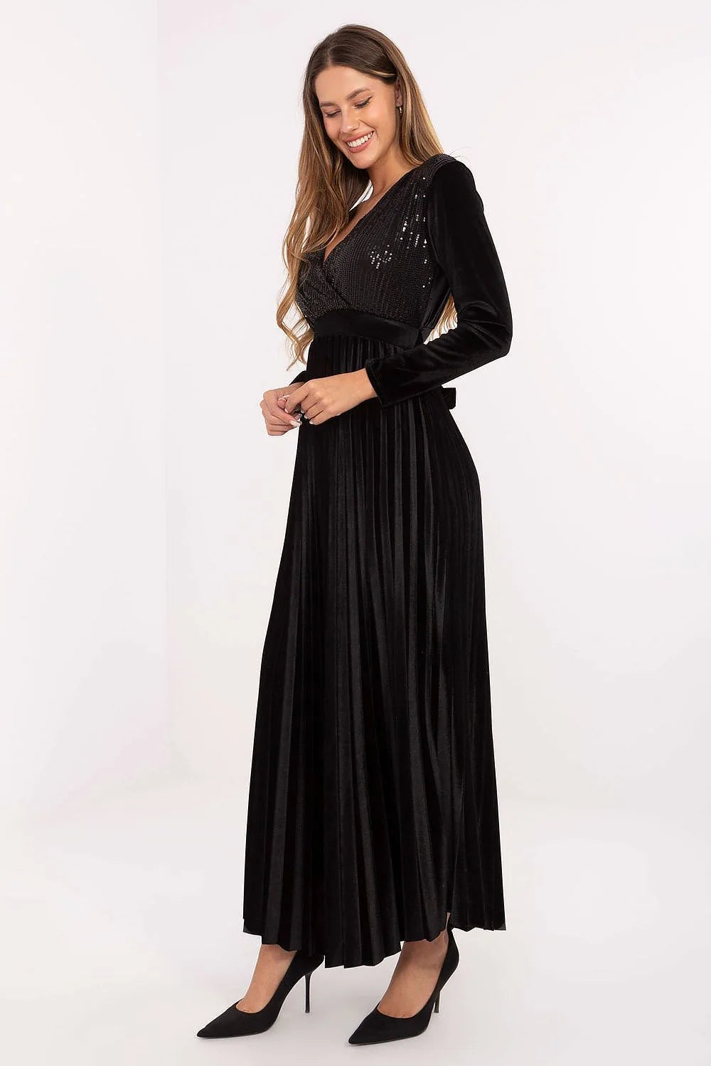 robe longue maxi velours noir paillettes cachecoeur manches longues taille empire jupe plissée fluide bonnets rembourrés soutien ajustable dos lacé