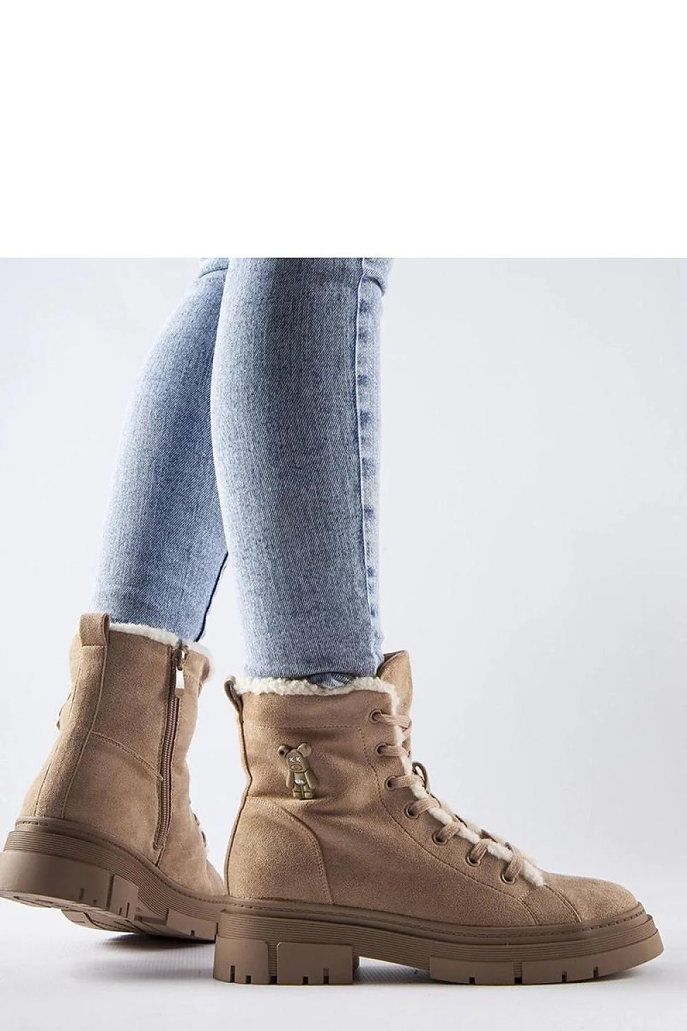 Bottines beige eco-daim doublure faux fourrure fermeture éclair haute cheville confortable femme hiver automne