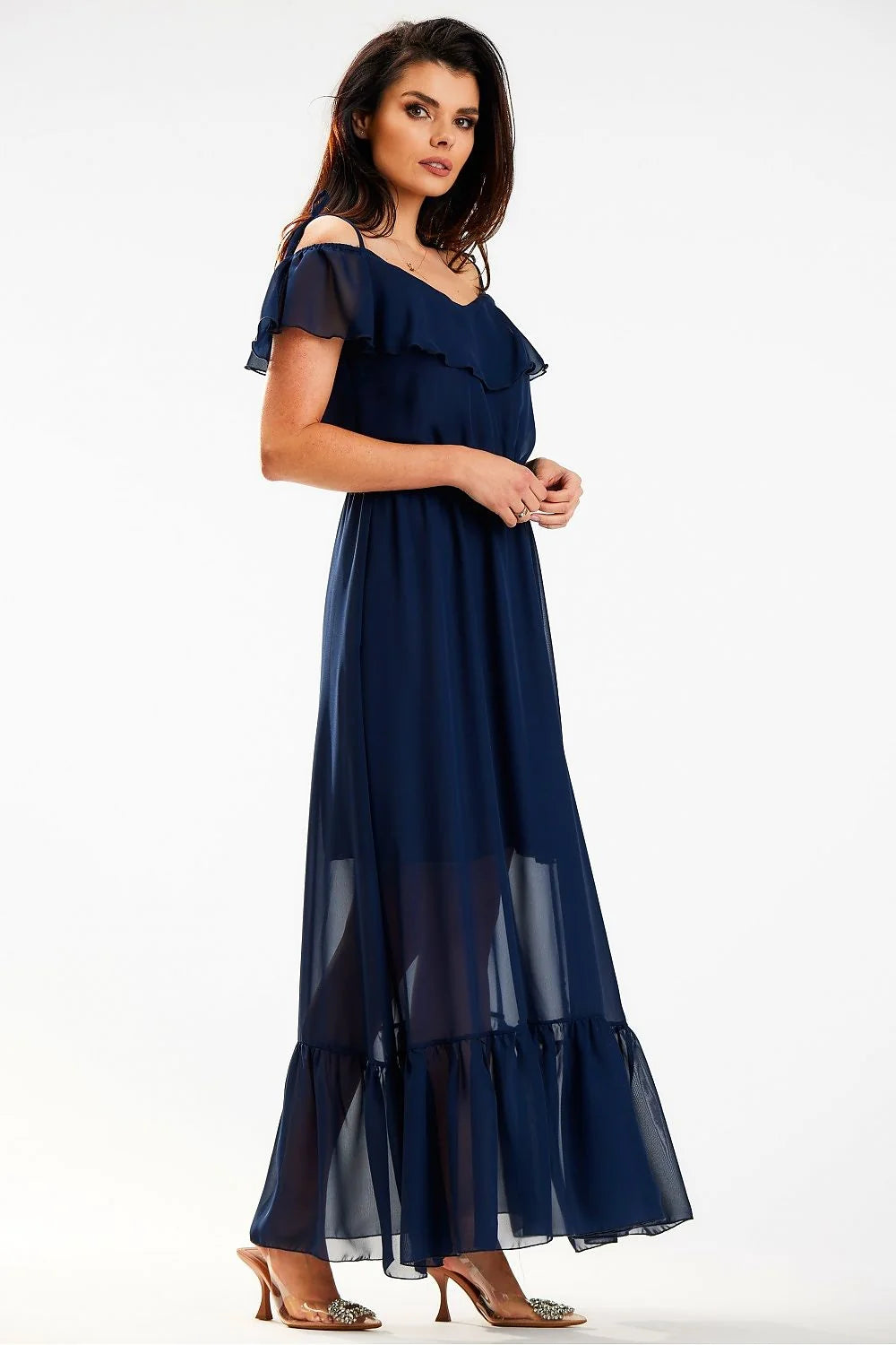 Robe longue élégante pour femme en mousseline bleu marine encolure espagnole volant élastique taille ajustable occasion spéciale été
