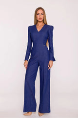 combinaison femme bleu roi structurée effet denim cintrée taille haute col V épaules marquées manches longues poignets évasés palazzo larges