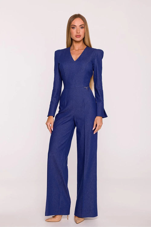 combinaison femme bleu roi structurée effet denim cintrée taille haute col V épaules marquées manches longues poignets évasés palazzo larges