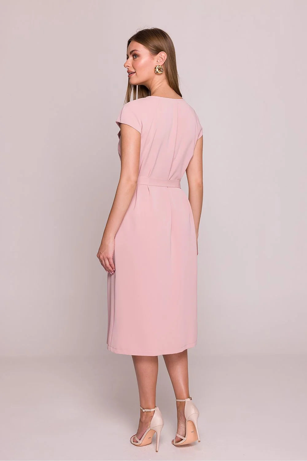 Robe de cocktail élégante A-line couleur rose pâle manches courtes ceinture en tissu femme