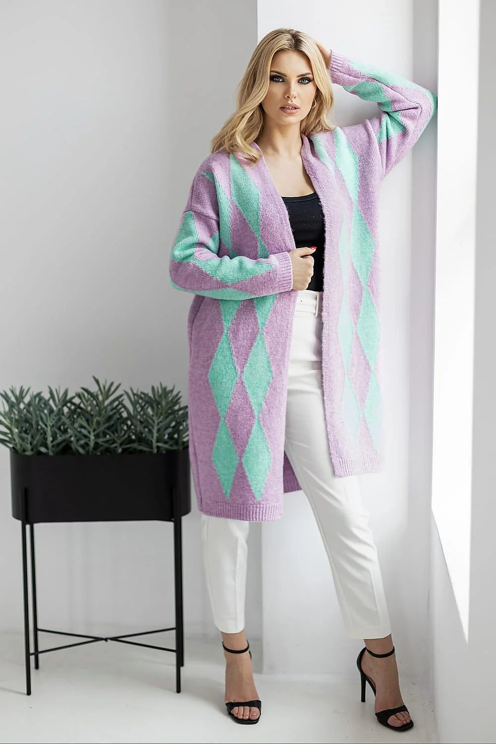 Cardigan Pee Ka Boo longue pour femmes style moderne ample motif losange violet pâle vert menthe sans fermeture doux confortable vêtement automne hiver