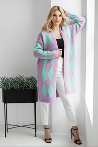 Cardigan acrylique polyamide polyester laine violet pâle vert menthe motif losange coupe ample sans-manches col ouvert longue traîne