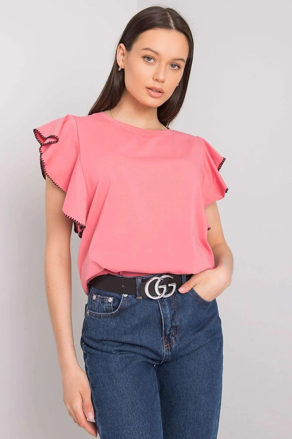 chemisier fancy élégant manches volants coton stretch confortable respirant coupe ample fluide col rond finition noire contrastée polyvalent féminin