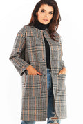 Manteau femme laine chic carreaux noirs blancs marron élégant automne hiver col rond tendance