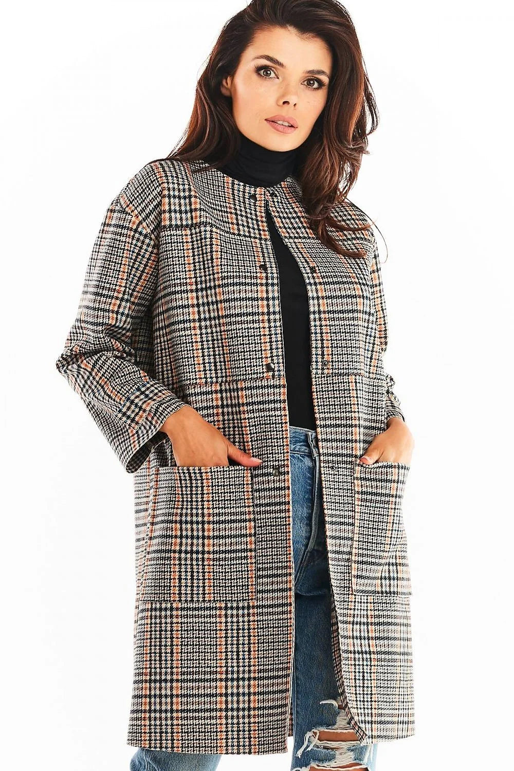 Manteau femme laine chic carreaux noirs blancs marron élégant automne hiver col rond tendance