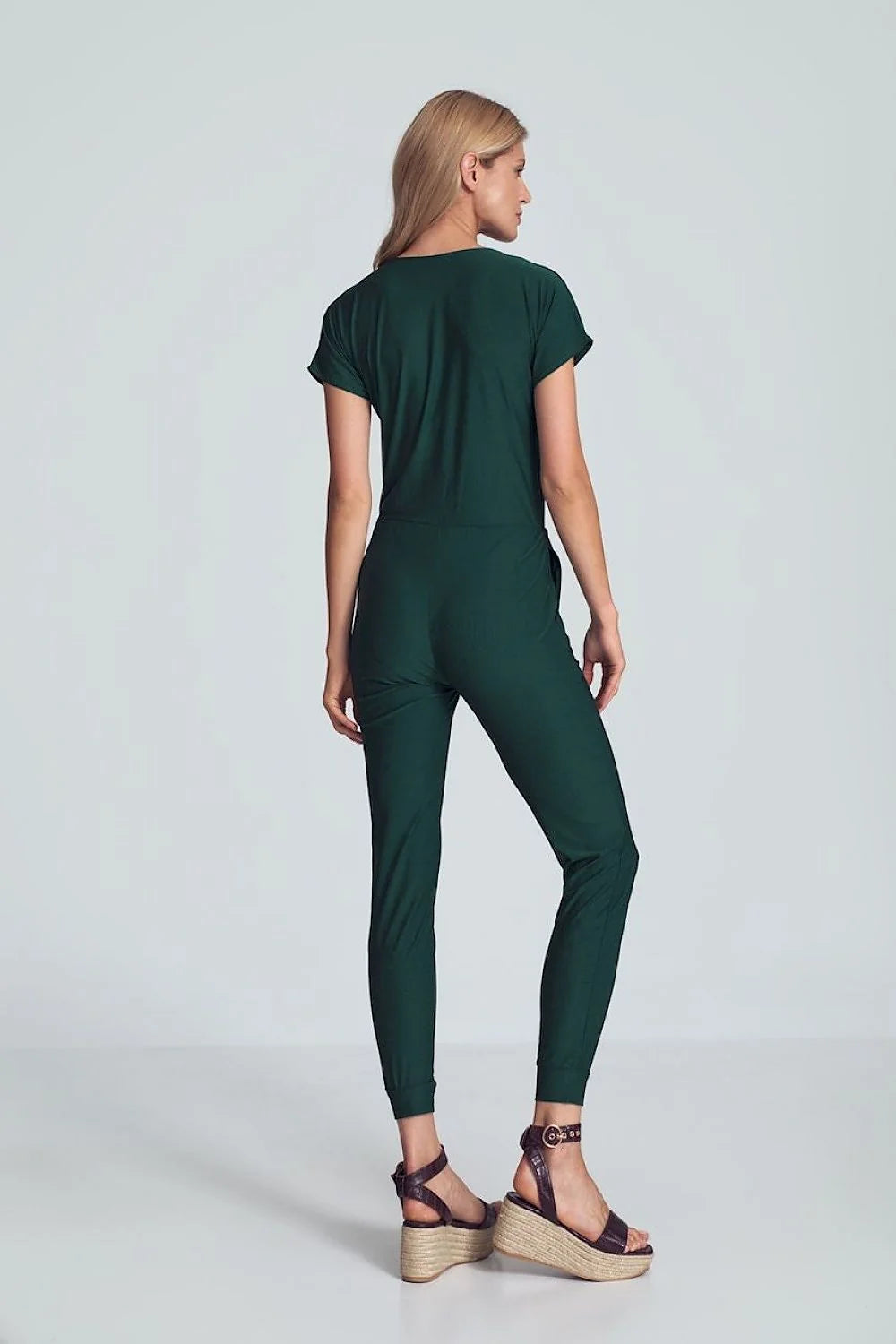 Combinaison femme jersey beige camel cachecoeur manches courtes élégante décontractée taille élastique poches latérales
