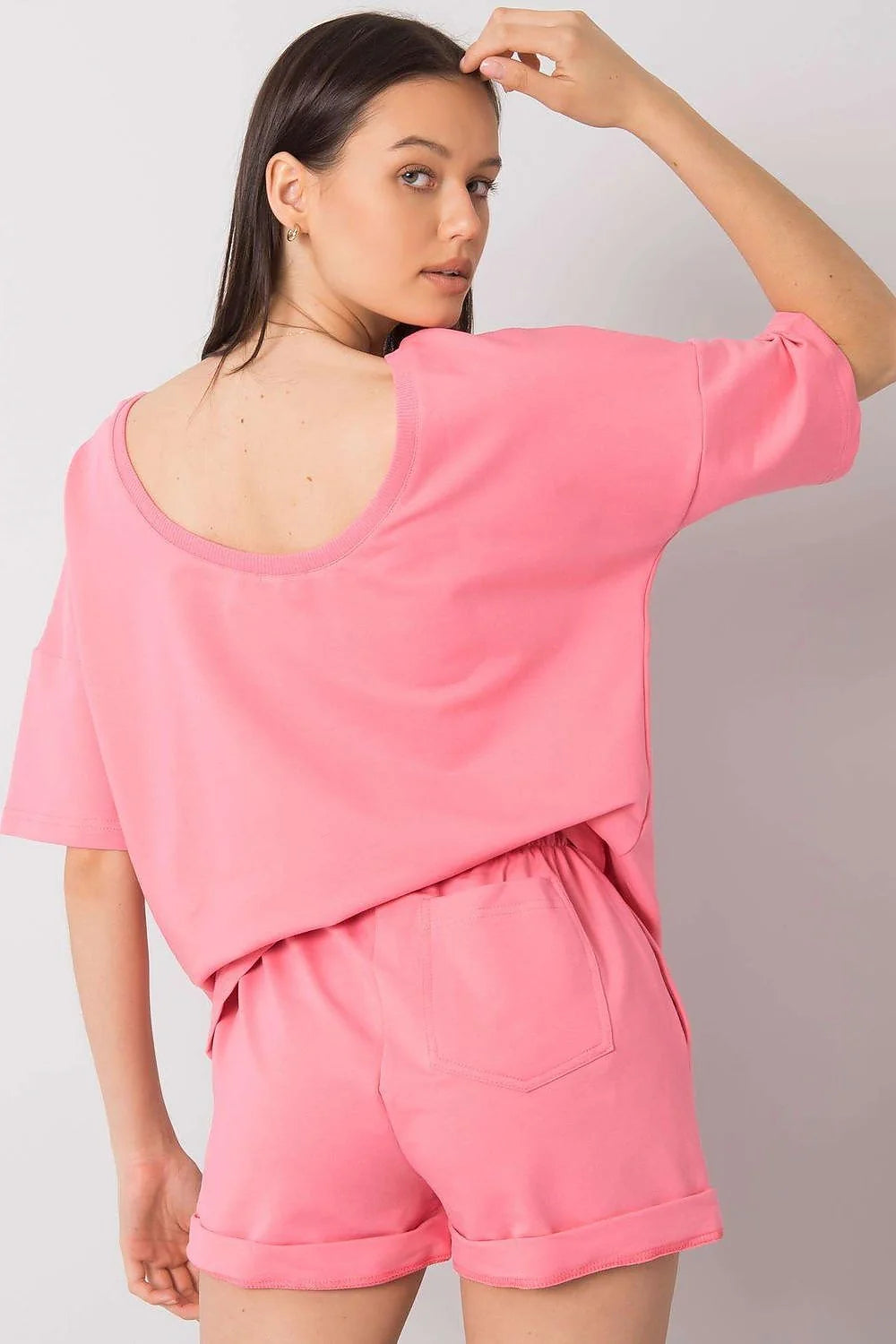 ensemble femme coton doux respirant extensible oversize encolure bateau manches mi longues short ajusté ourlet retroussé rose vibrant