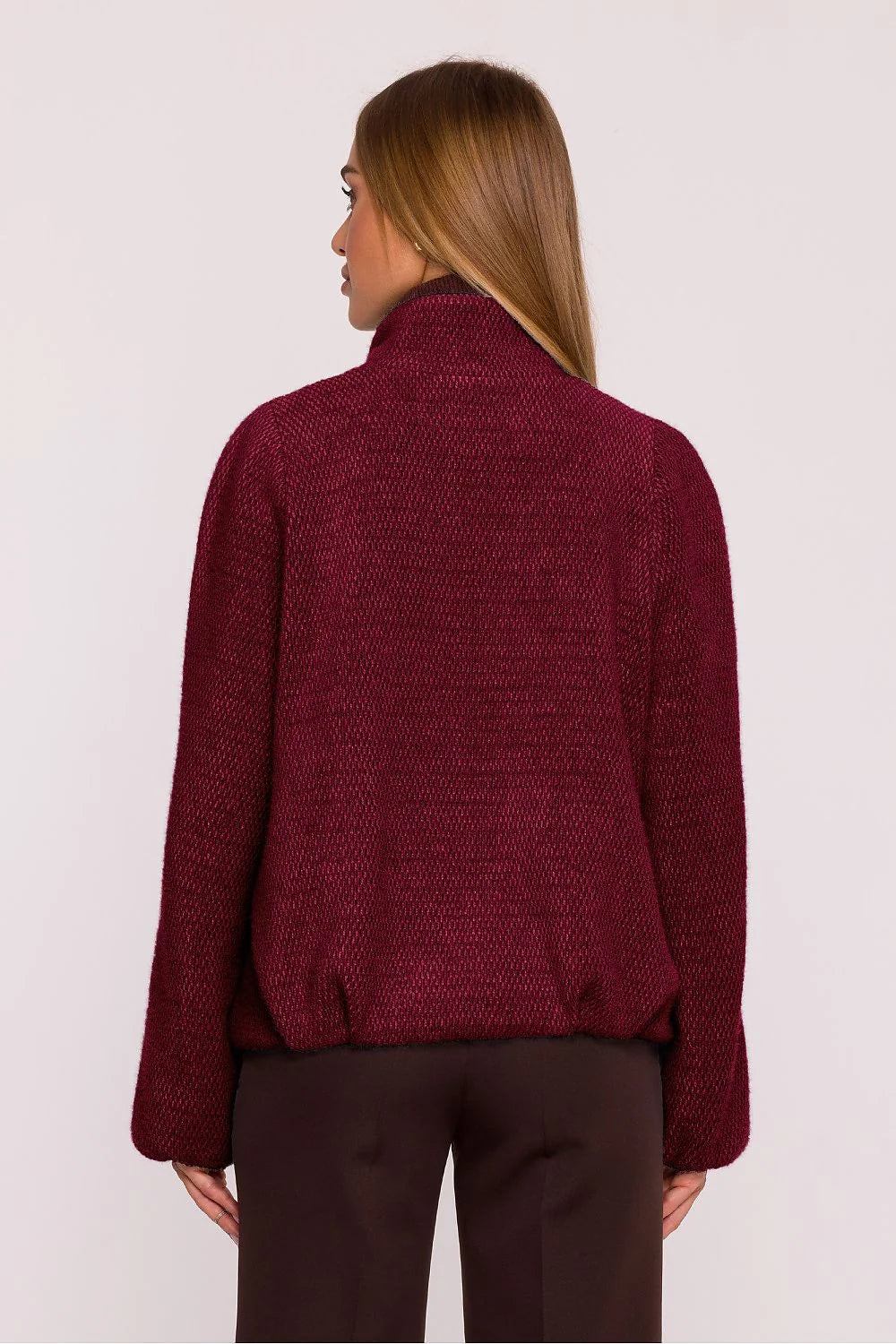 veste femme zippée tricot doux poil court bordeaux coupe boxy col montant manches ballon raglan poches latérales doublure