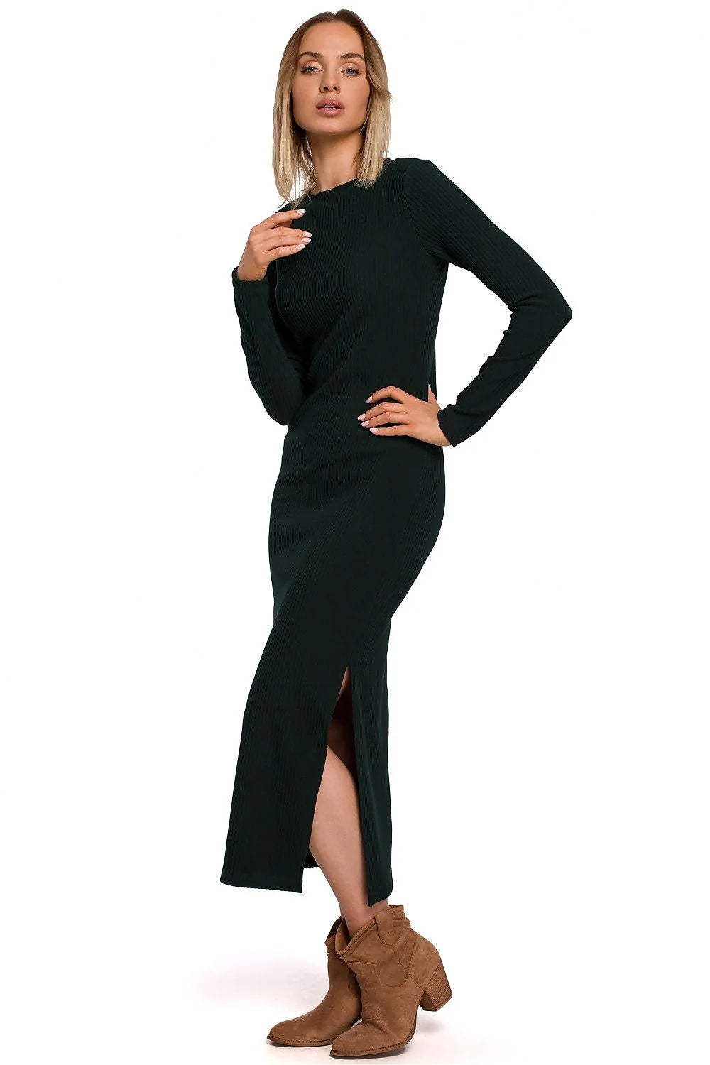 Robe longue en cotonélasthanne noire élégante ajustée manches longues fente latérale occasion semi-formelle