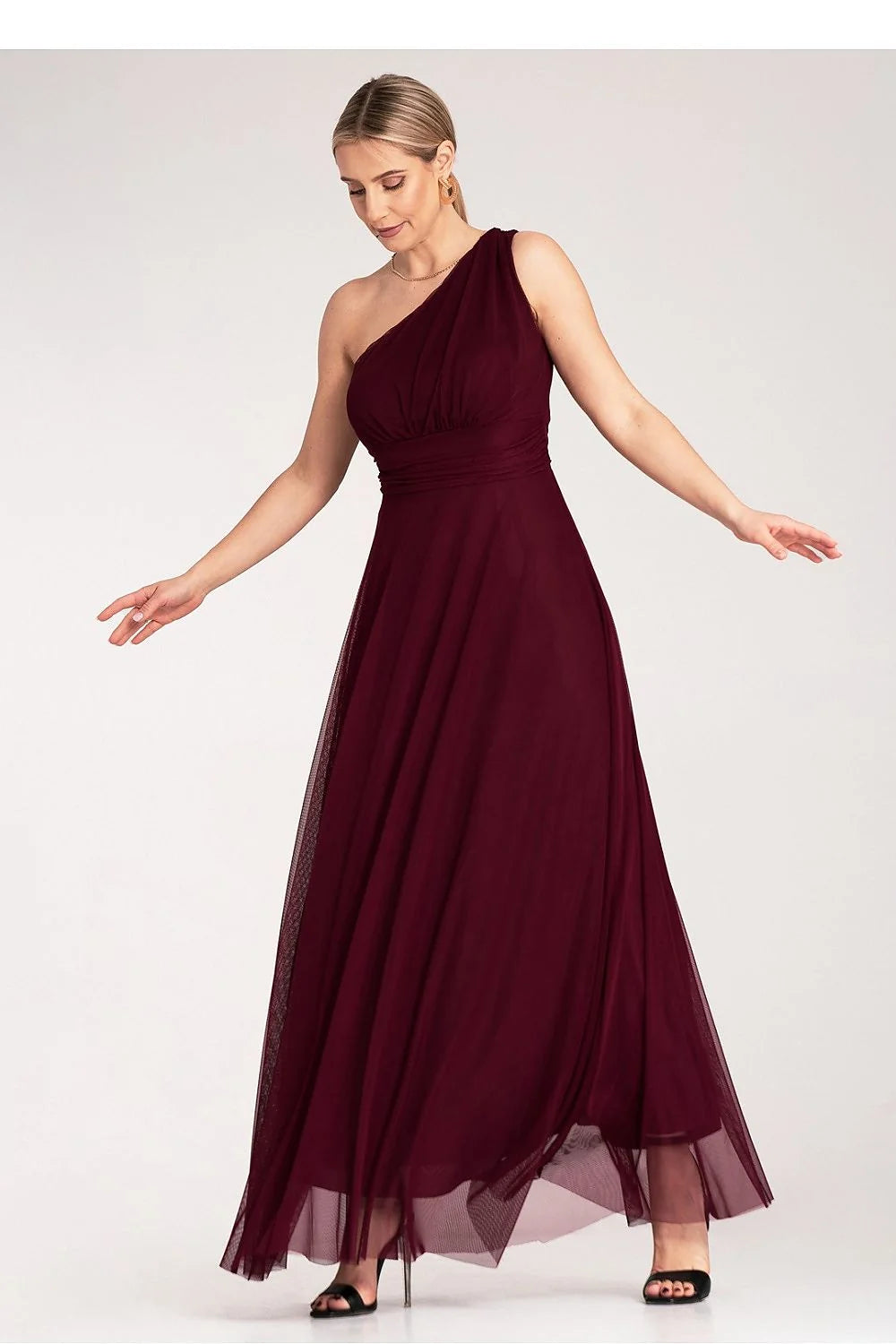 robe soirée longue asymétrique épaule dénudée bretelle large bustier drapé froncé taille empire ceinture jupe évasée fluide tulle bordeaux