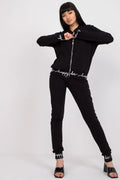 ensemble jogging femme noir zippé veste pantalon slim jersey stretch douce confortable poches latérales lettrage blanc bords côtes zip argenté