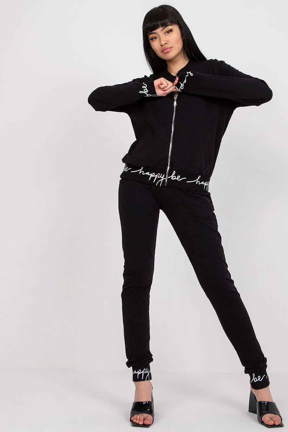 ensemble jogging femme noir zippé veste pantalon slim jersey stretch douce confortable poches latérales lettrage blanc bords côtes zip argenté