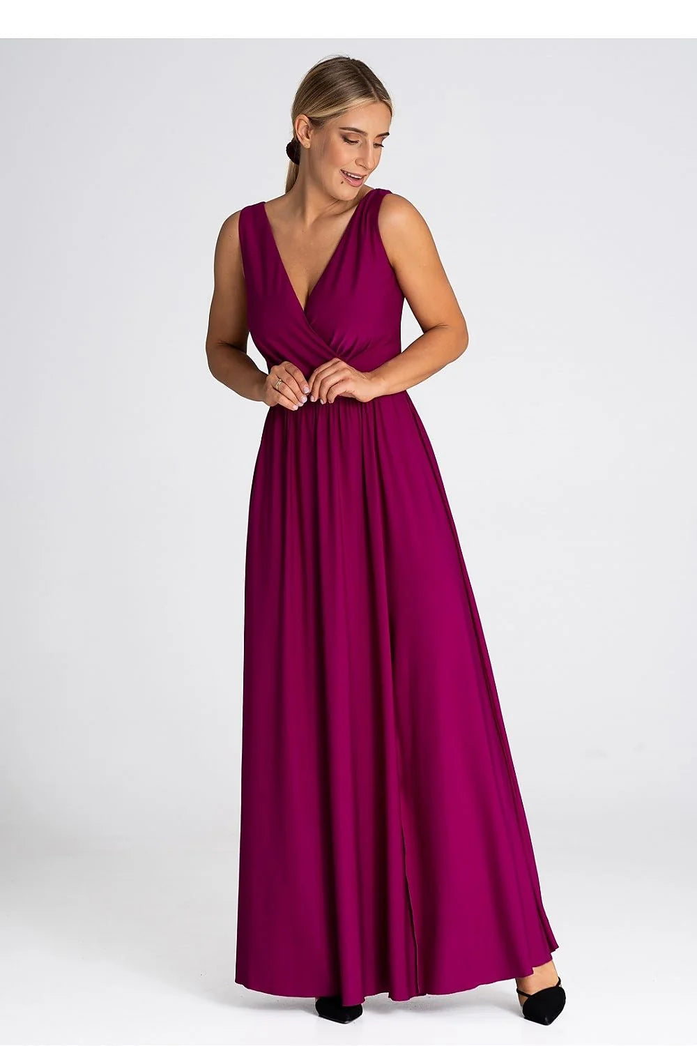 Robe longue élégante sans manches décolleté V croisé magenta profond polyester élasthanne ajustée jupe évasée femmes occasion spéciale
