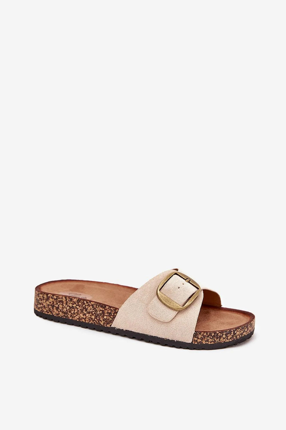 sandales femme suédine écologique beige mule slide boucle laiton vieilli sangle réglable semelle anatomique liège plateforme basse antidérapante légère estivale